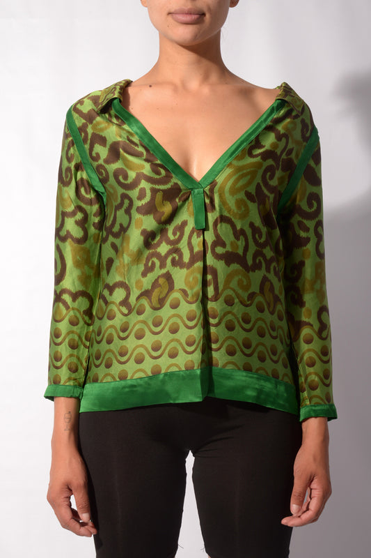 Silk Satin Printed V Shirt